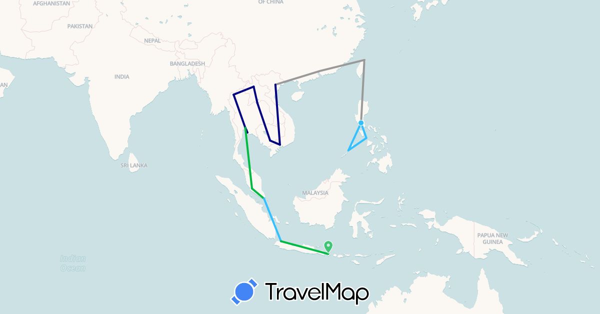 TravelMap itinerary: driving, bus, plane, boat in Indonesia, Cambodia, Laos, Malaysia, Philippines, Singapore, Thailand, Taiwan, Vietnam (Asia)